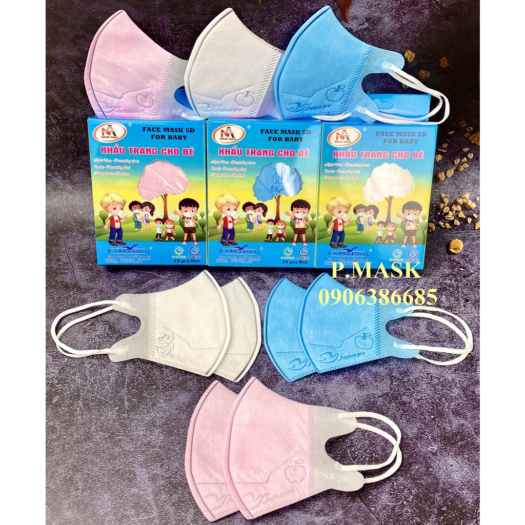Khẩu trang cho Bé 5D FAMAPRO 3 lớp kháng khuẩn 10 cái / hộp màu Trắng / Xanh / Hồng