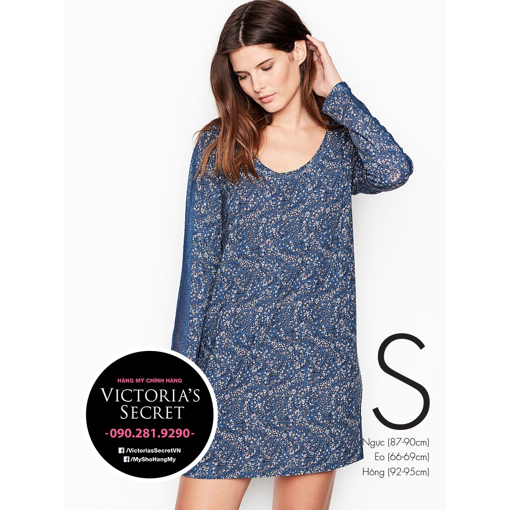 Size S - Áo hoa xanh cổ tròn tay dài Modal Long Sleeve SleepShirt, phối lưới 2 bên- Hàng nhập Victoria's Secret USA