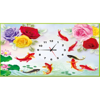 Tranh thêu đồng hồ chữ thập cưu ngư quần hội ( chưa thêu)-X8191