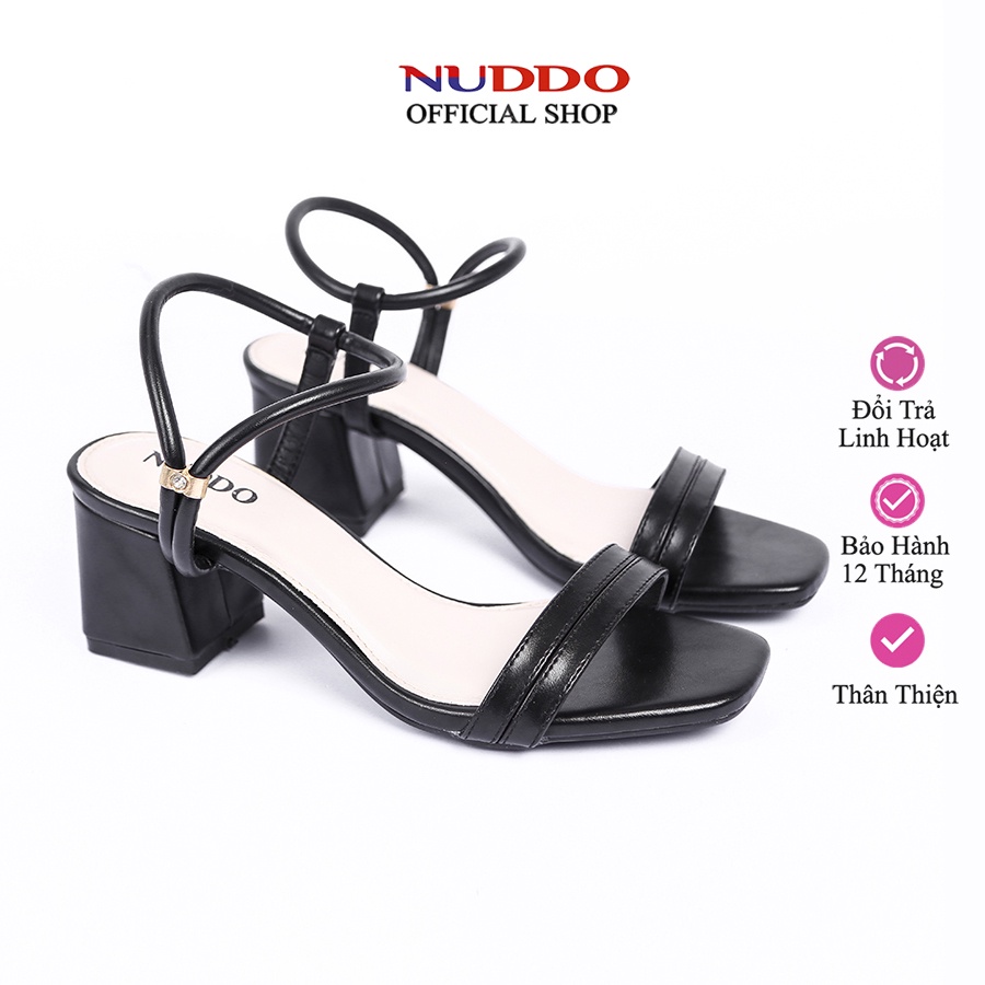 Giày sandal nữ cao gót quai ngang đế vuông 5 cm da cao cấp NUDDO