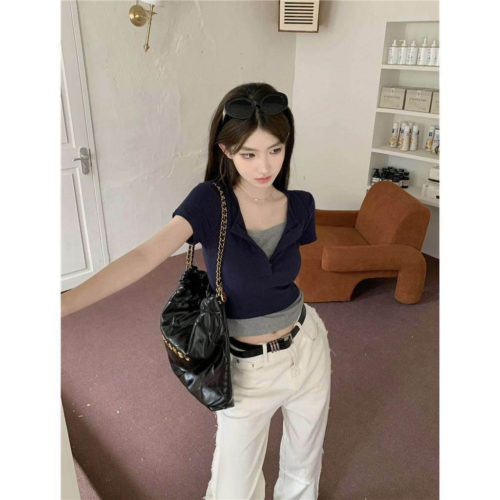 qkoole  Áo Thun Ngắn Tay Giả Hai Lớp Dáng Ôm Thời Trang Dành Cho Nữ