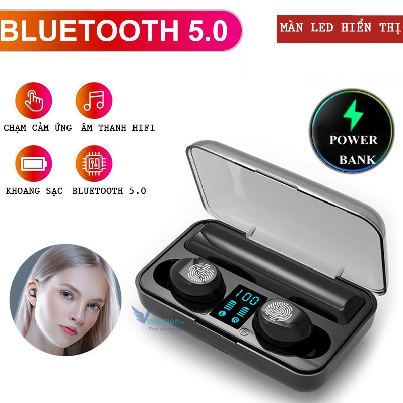 Tai nghe true wireless AMOI F9 | bản QUỐC TẾ | nút cảm ứng | Bluetooth 5.0 | Pin 150 giờ-Kiêm pin sạc dự phòng -DC3945