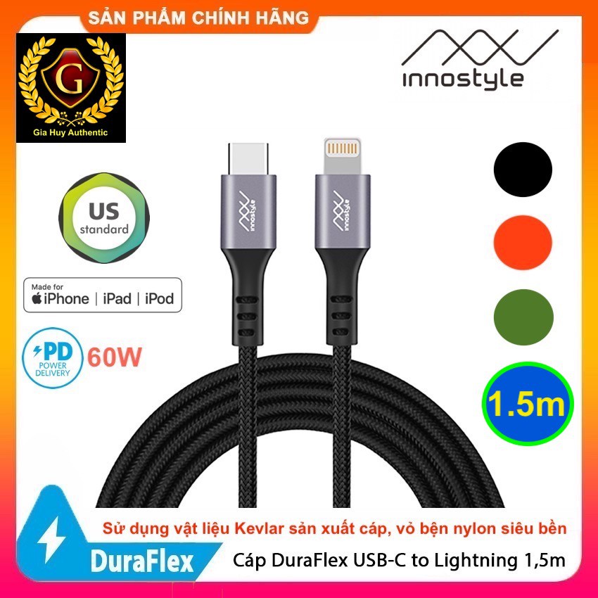 Cáp sạc nhanh iPhone 12 Series, iPad Pro 2017 INNOSTYLE Duraflex USB-C ra Lightning MFi PD 60W dài 1.5m