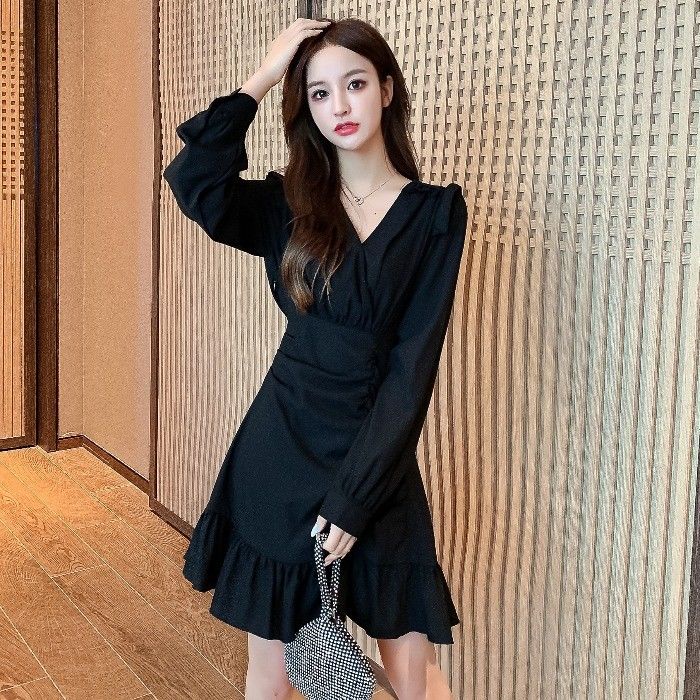 Đầm ôm eo màu đen phong cách Pháp thời trang mùa thu cho nữ