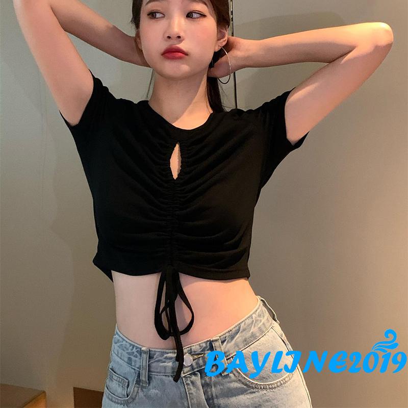 Áo thun croptop tay ngắn cổ tròn màu sắc đơn giản dành cho nữ