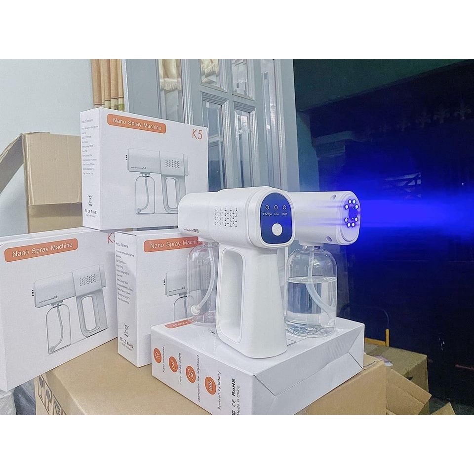 ⛑️CHÍNH HÃNG - BẢO HÀNH 12 THÁNG⛑️Súng Khử Khuẩn Phun Xịt Khử Sát Trùng Nano K5 Hàng Chuẩn In Laser 8 Mắt UV