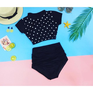 Bikini 2 mảnh áo cộc tay chấm bi mặc đi biển đẹp ( Ảnh chụp thật 100%)- Mới nhất