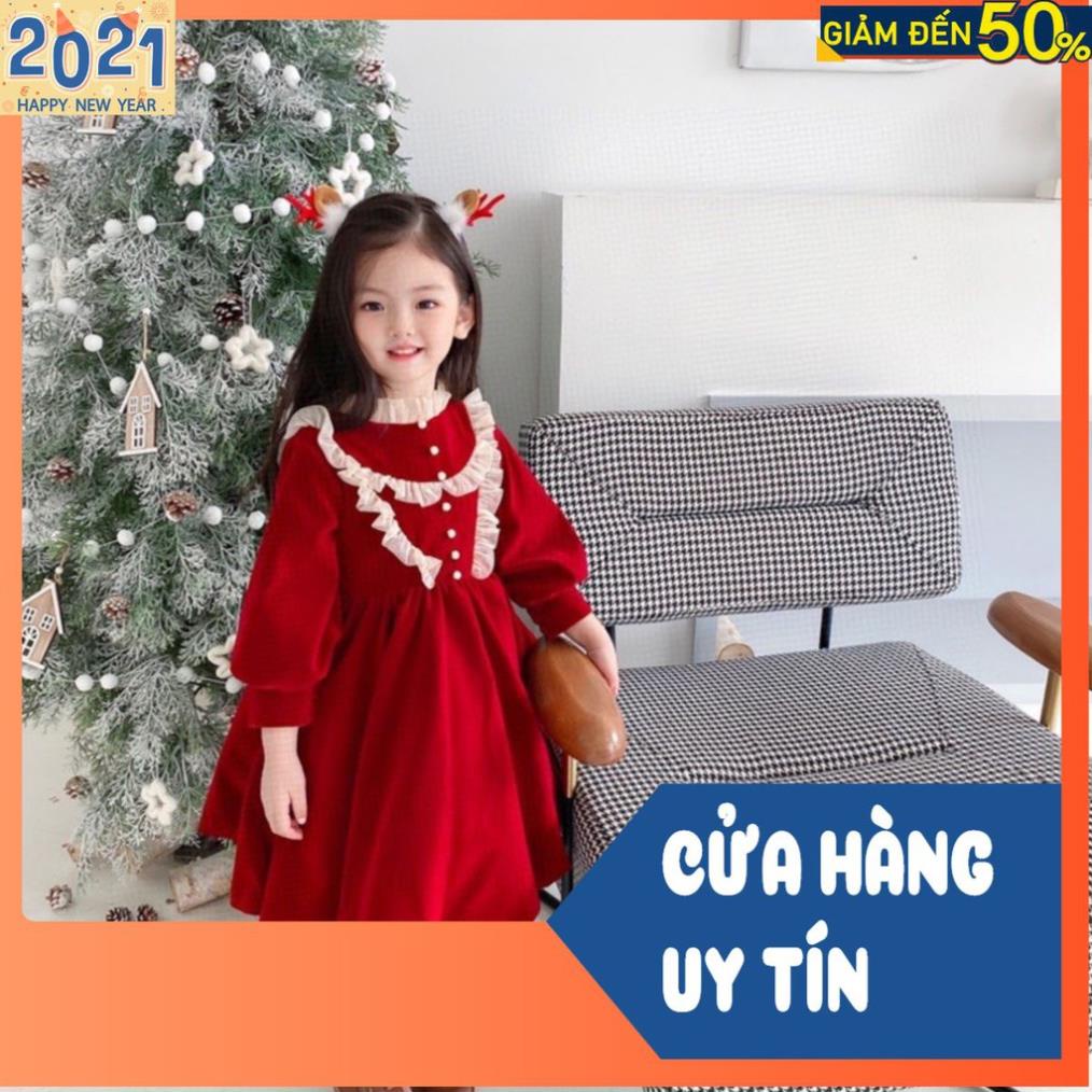 VÁY NHUNG ĐỎ BÉ GÁI CỔ REN TRẮNG ĐÍNH CÚC NGỌC