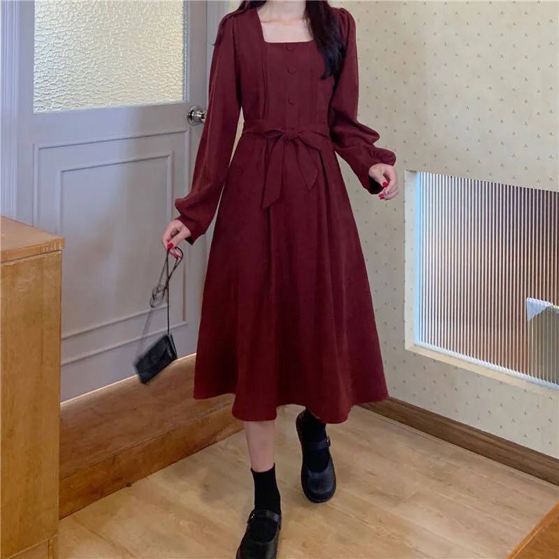Váy cổ vuông dài tay thu đông ,phiên bản hàn quốc eo cao chất nhung tăm nhỏ dáng xoè . hàng Loại 1 . | BigBuy360 - bigbuy360.vn