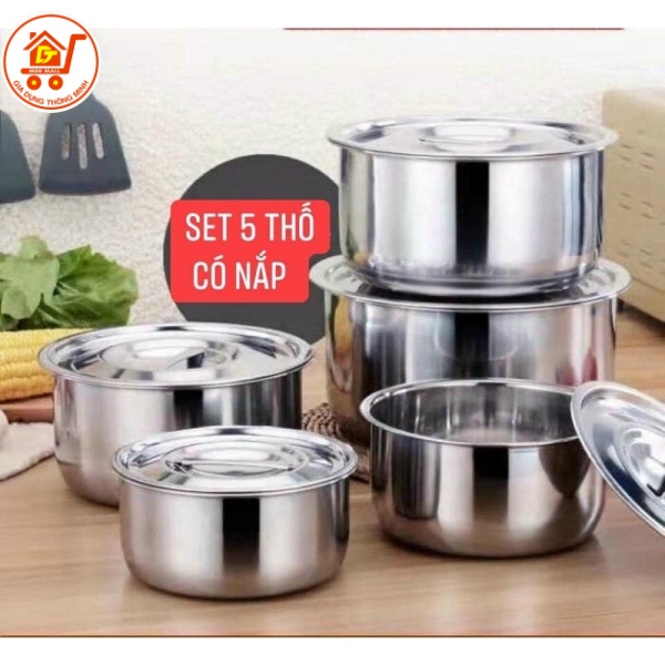 Bộ Nồi Inox 5 Món STOCK POT Không Quai Size 16-24cm Siêu Tiện Lợi Đa Năng