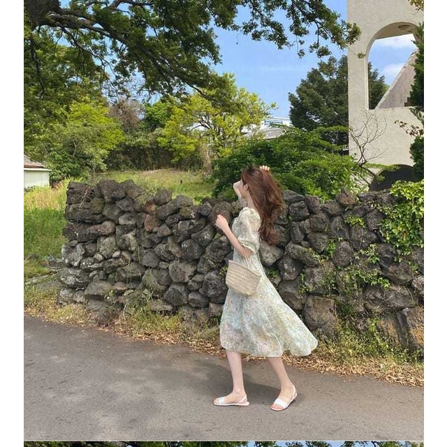 Đầm Lửng Tay Lửng Cổ Vuông Eo Cao Phong Cách Hàn Quốc Thời Trang Cho Nữ