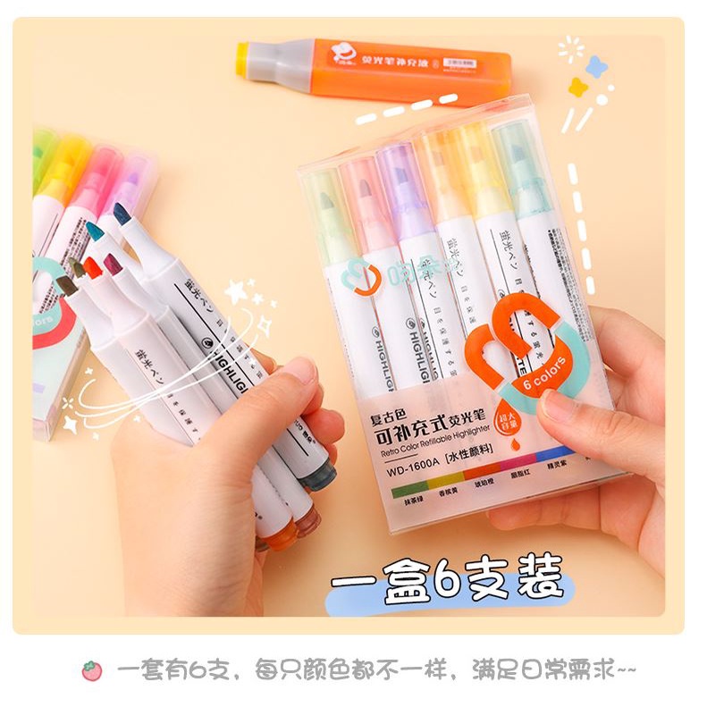 Bộ bút dạ quang 6 màu xinh xắn tiện dụng bút đánh dấu bút nhớ có thể refill mực CREAMY BHL01