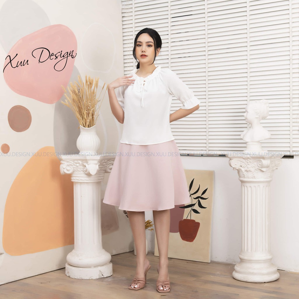 Áo sơ mi nữ công sở Xuu, chất vải lụa tay lỡ cổ bèo thắt nơ SP10