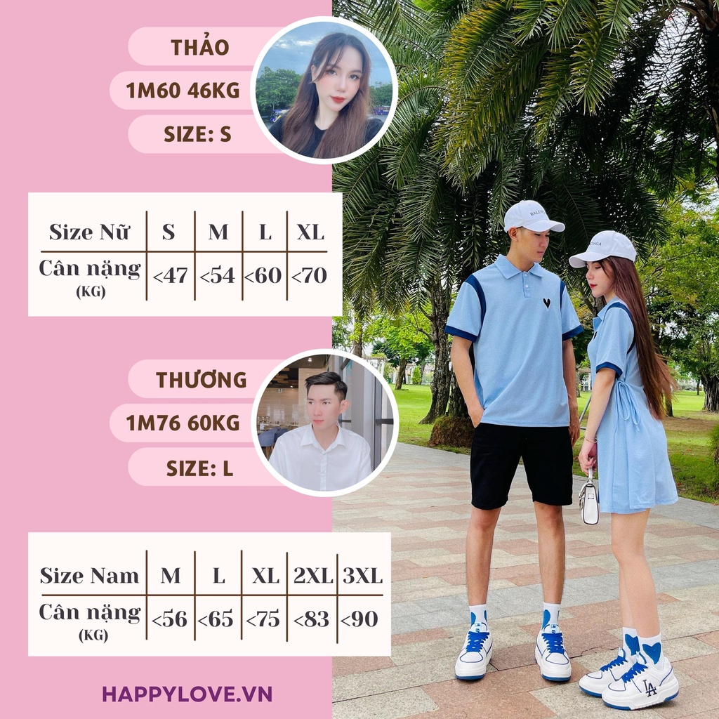 Set đồ đôi nam nữ couple Váy nữ Áo nam polo Hàn Quốc xanh dương HAPPYLOVE, Đồ cặp Đầm nữ Áo nam Quảng Châu cao cấp H24