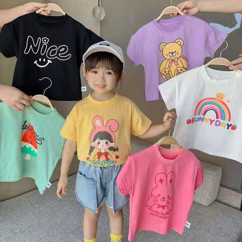 Áo thun tay ngắn vải cotton phong cách Hàn Quốc thời trang mùa hè nhiều màu tùy chọn cho bé gái