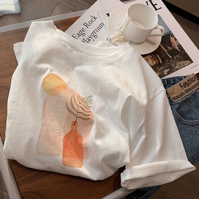 Áo thun HIIXIIVI 100% cotton tay ngắn cổ tròn in hình thời trang mùa hè phong cách Hàn Quốc cho nữ 2022