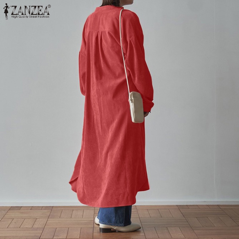 Đầm maxi ZANZEA tay dài cổ bẻ dáng rộng màu trơn cài nút thời trang Hàn Quốc cho nữ