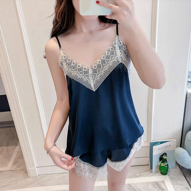 Set đồ ngủ bằng lụa satin phong cách Hàn Quốc tùy chọn màu sắc dành cho nữ