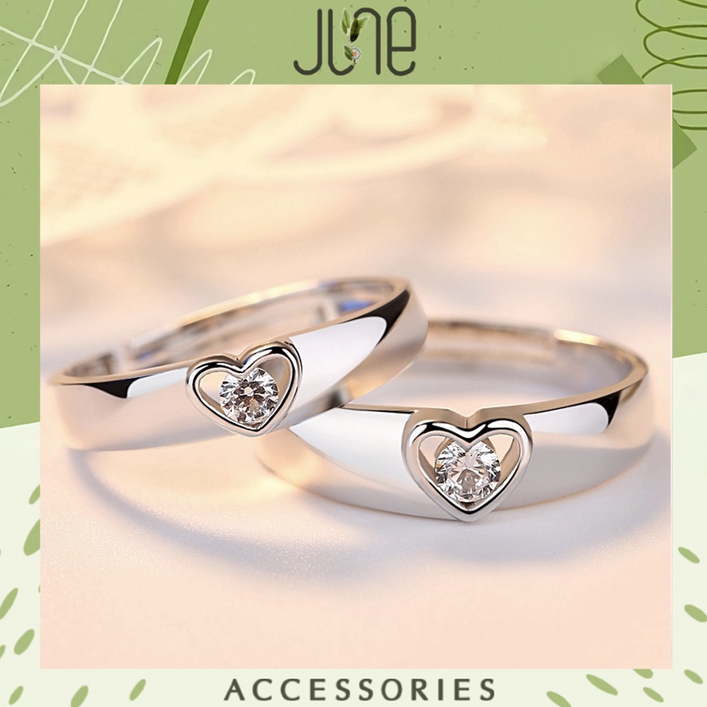 Nhẫn đôi nam nữ 2 trái tim đính đá đơn giản mạ bạc s925 bền màu có thể tự chỉnh size theo ý muốn June accessories