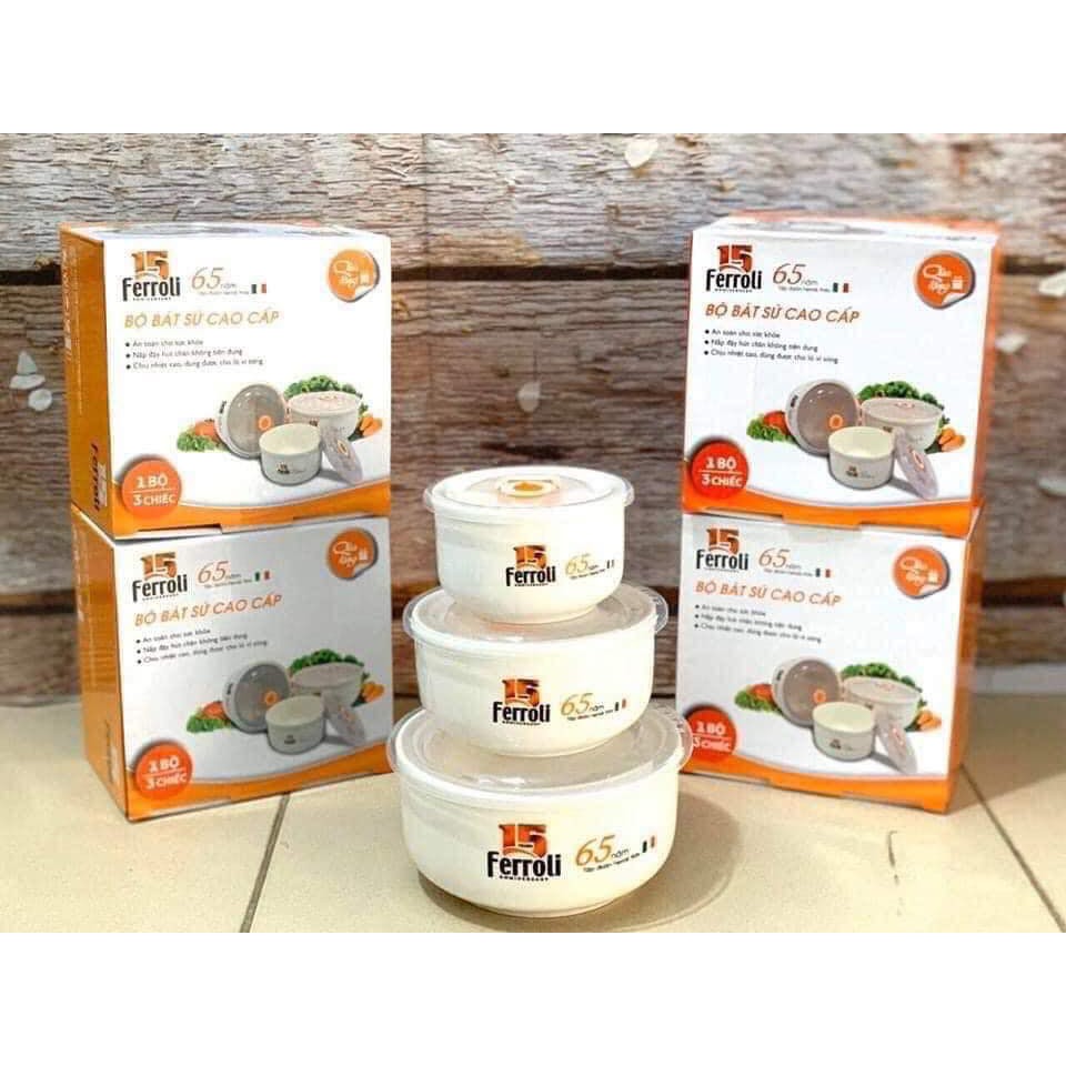 Bộ 3 tô sứ Ferroli có nắp đậy hút chân không - Ferroli