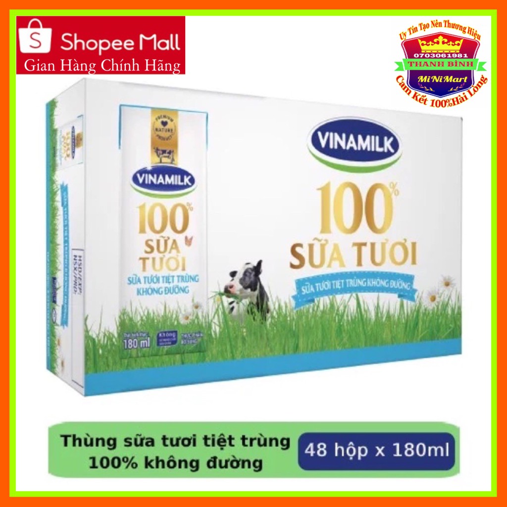 Thùng 48 Hộp Sữa tươi tiệt trùng Vinamilk 100% Không Đường 180ml