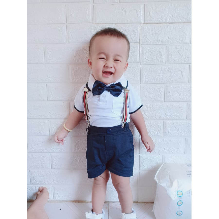 Set yếm công tử áo polo 2 màu trắng-xanh cho bé trai (6-16Kg) - Vải thun cá sấu co dãn thoải mái cho bé