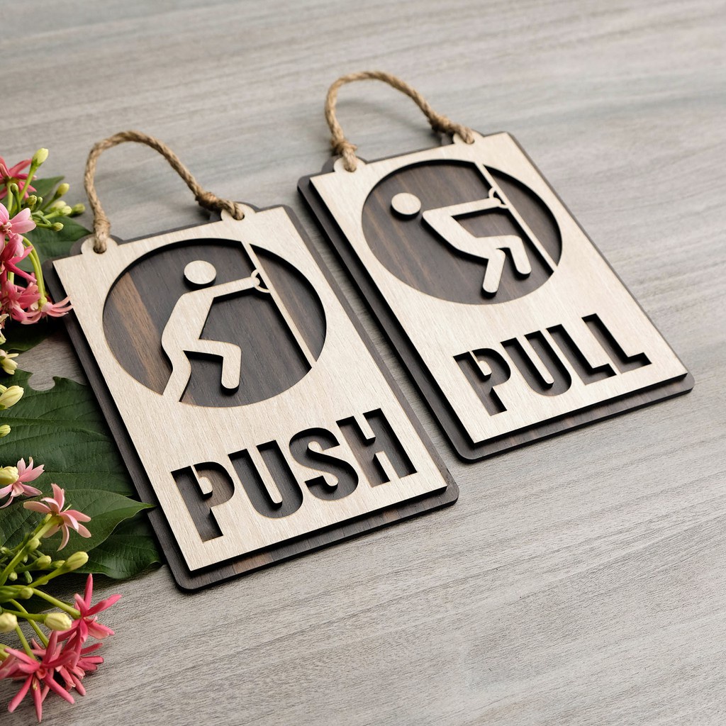 Bảng Kéo Đẩy Pull Push Decor Vintage Bằng Gỗ Dán Cửa Cao Cấp, Bảng Chỉ Dẫn Gỗ Treo Cửa 2 Lớp Cắt Laser Gỗ Cao Cấp