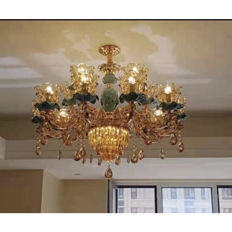 Đèn chùm 15 Tay Xanh Pha Lê Tặng Kèm Bóng led có bảo hành chính hãng