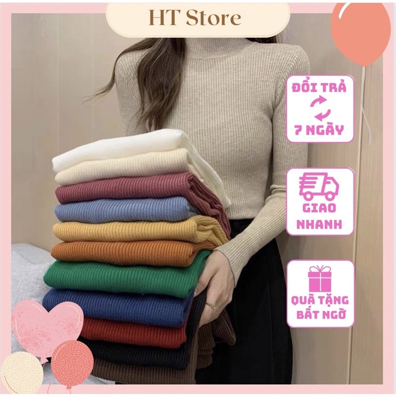 Áo Cổ Lọ 3 Phân Tay Dài Nữ Len Tăm, Vải Dệt Kim Chất Mịn