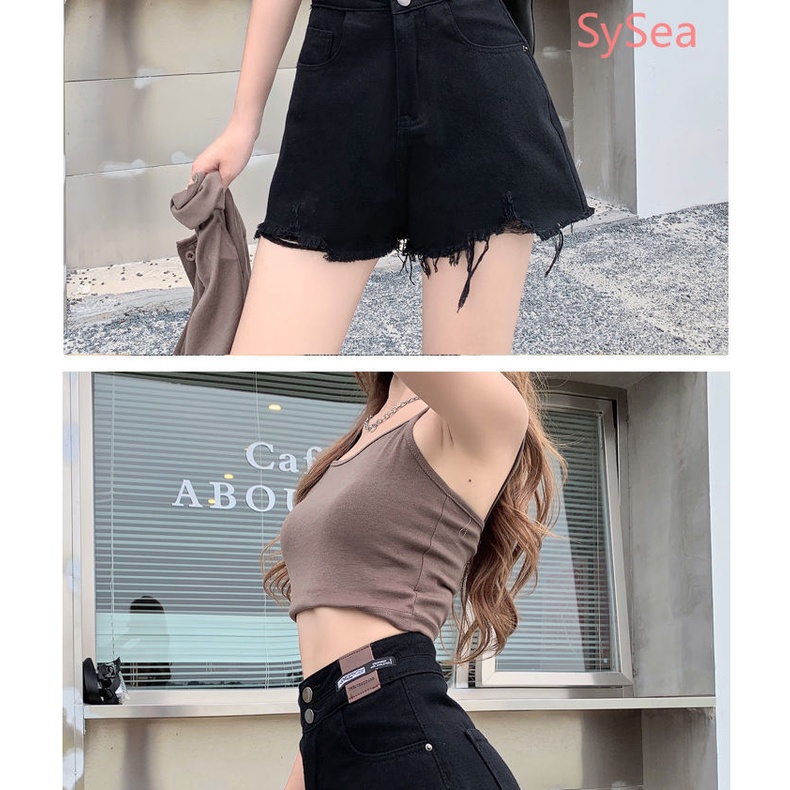 Quần Short Denim Màu Đen Lưng Cao Thời Trang Mùa Hè Cho Nữ