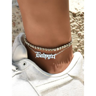 Bộ 2 lắc chân đơn giản bằng kim loại không gỉ đính đá họa tiết chữ babygirl cho nữ