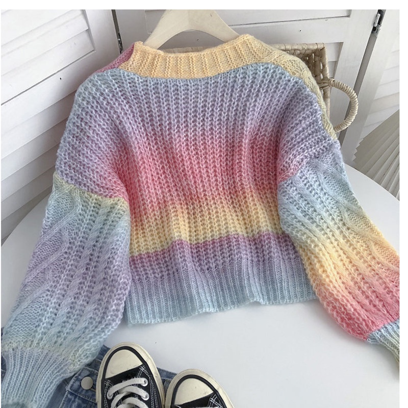 Áo Khoác Dệt Kim Tay Dài Cổ Chữ v Màu Sắc Tương Phản Phong Cách Vintage Hàn Quốc