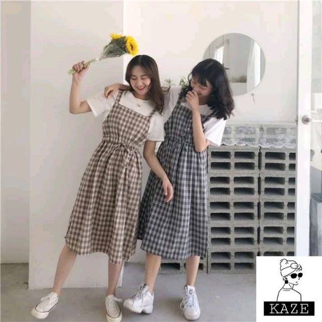 [Set] Váy Yếm Kẻ Caro + Croptop Ullzang