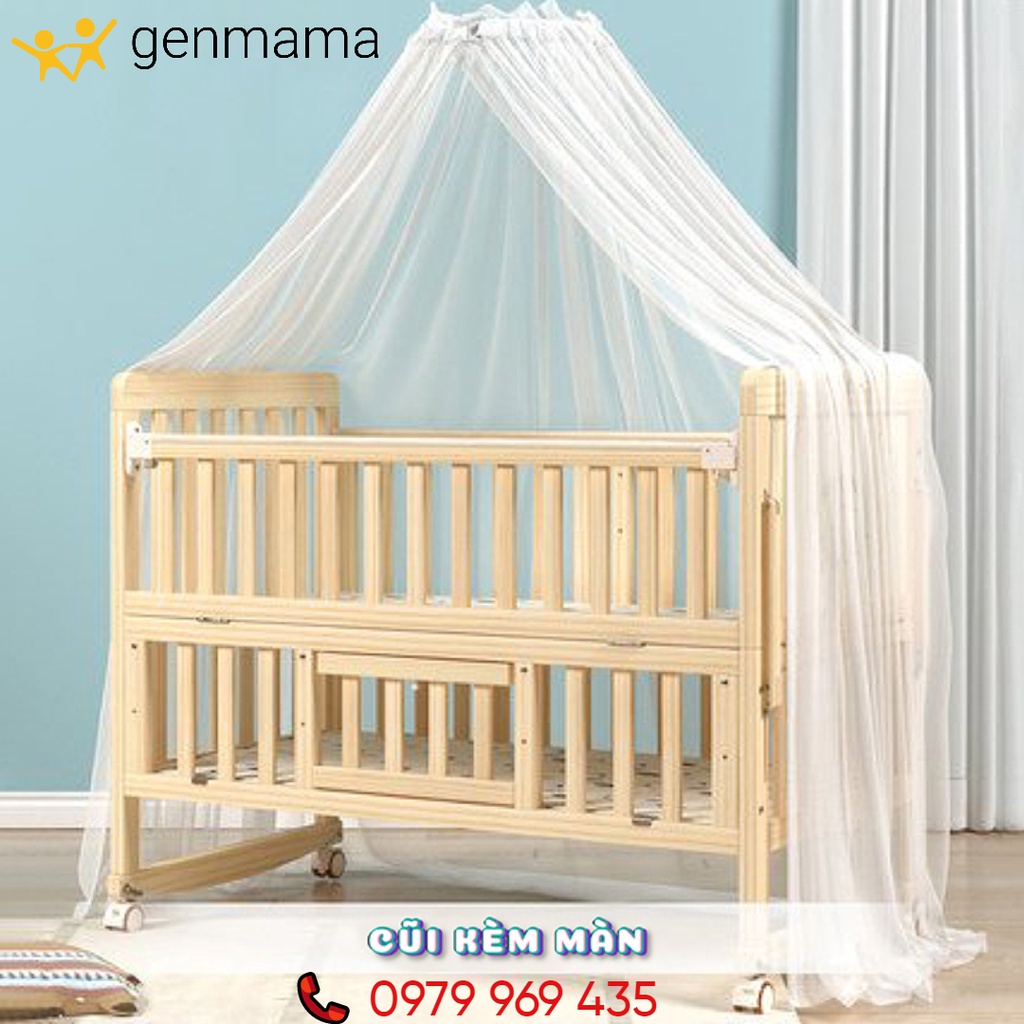 Nôi cũi cho bé thông minh 6 chế độ 2 tầng đa năng GENMAMA (bảo hành 24 tháng) có bánh xe, Cũi nôi gỗ trẻ em có bánh xe