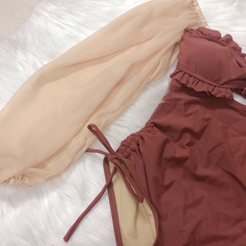 [BIKINI CAO CẤP] Bikini Đồ bơi liền mảnh công chúa tay bồng ren ánh kim màu hồng đất baby