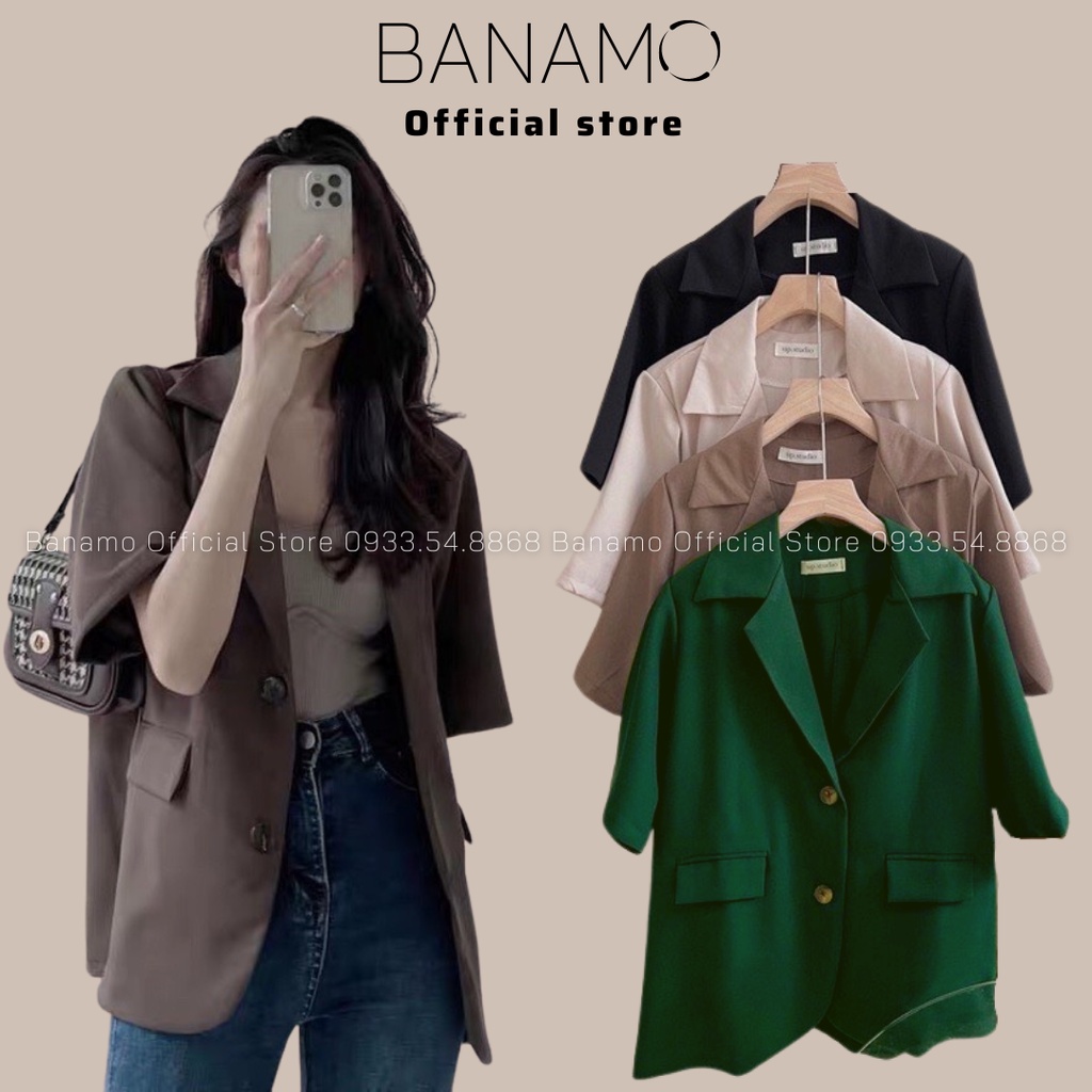 Áo Blazer nữ tay ngắn cổ vest dáng rộng có đệm vai siêu đẹp thời trang Banamo Fashion Áo Blazer cổ vest 3935
