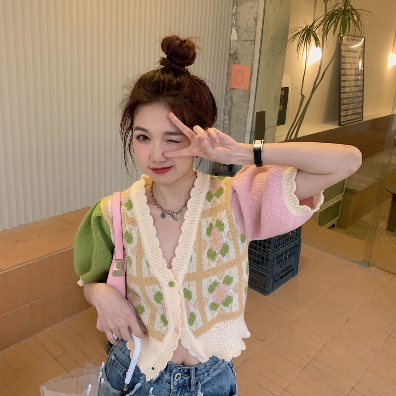 Áo Khoác Cardigan Dệt Kim Cổ Chữ v Màu Sắc Tương Phản Thời Trang Mùa Xuân 2022
