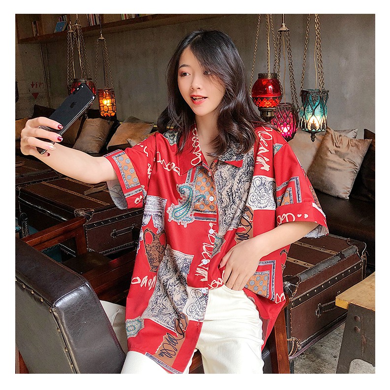 Áo sơ mi nữ phong cách Hồng Kông ngắn tay phối họa tiết thời trang, năng động,cá tính,thời trang