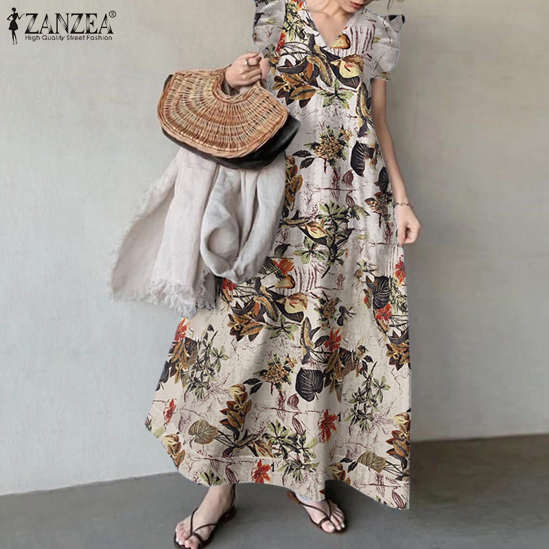 Đầm dài ZANZEA cổ chữ V tay ngắn phong cách retro thời trang cho nữ