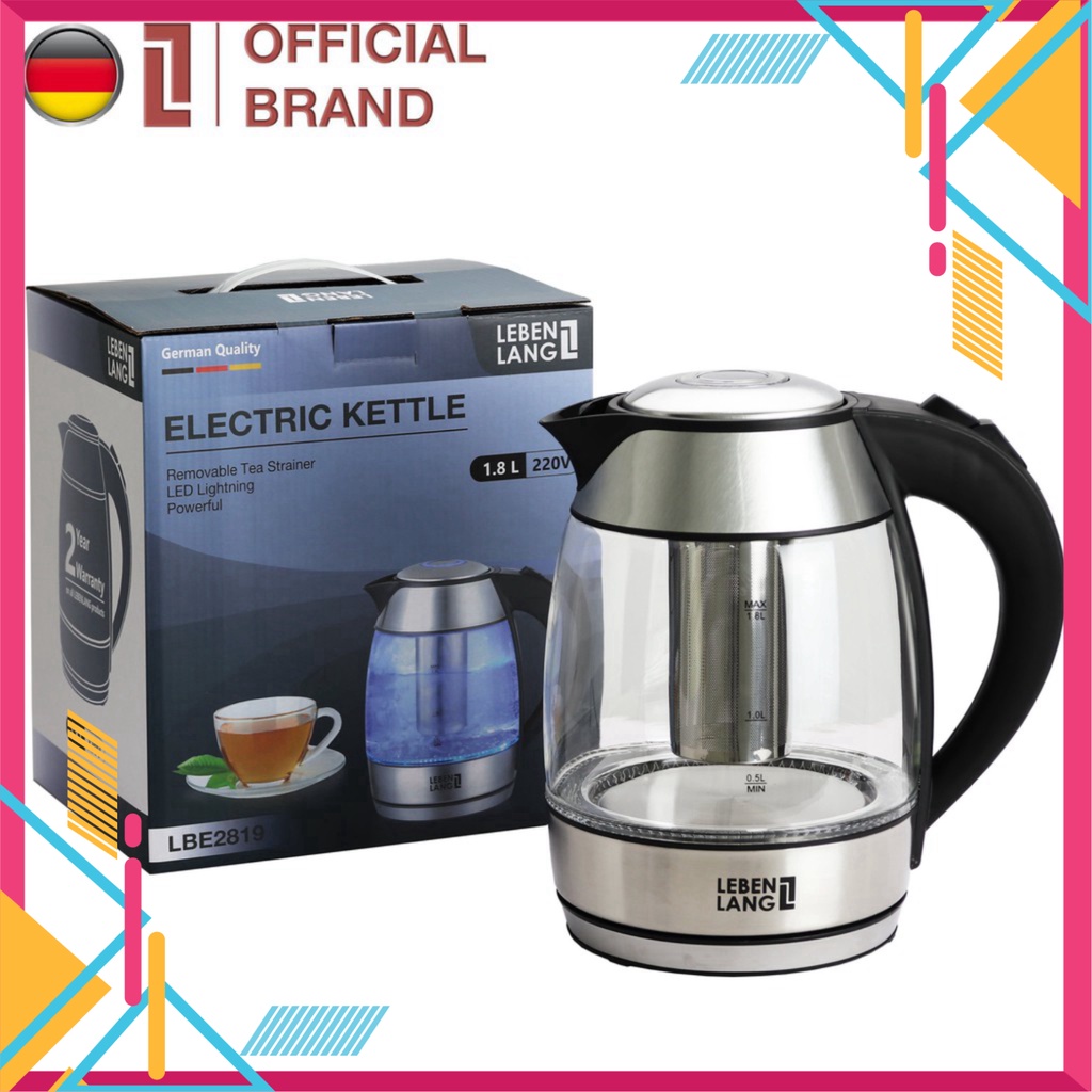 Ấm siêu tốc 💛 1.8 lít bình siêu tốc thủy tinh LEBENLANG từ Đức gồm lõi lọc trà bằng inox DIR