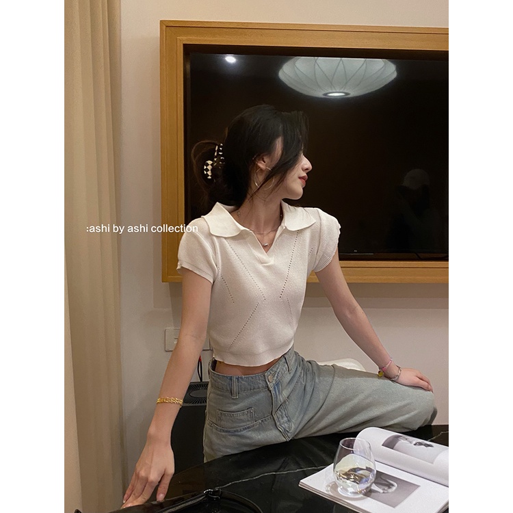 Porozi  Áo thun dệt kim  mỏng tay ngắn cổ polo thời trang Hàn Quốc dành cho nữ