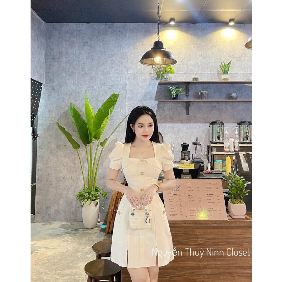 Đầm nữ thời trang mặc đi chơi, Đầm cotton lạnh cổ vuông tay ngắn nút trước có mút đi tiệc sang chảnh | BigBuy360 - bigbuy360.vn