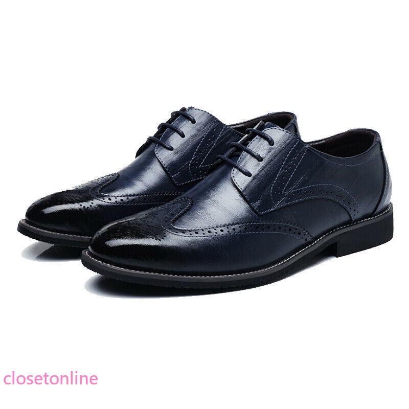 Mens Plain Carved Pointed Leather Shoes Lace-up Formal Evening Party