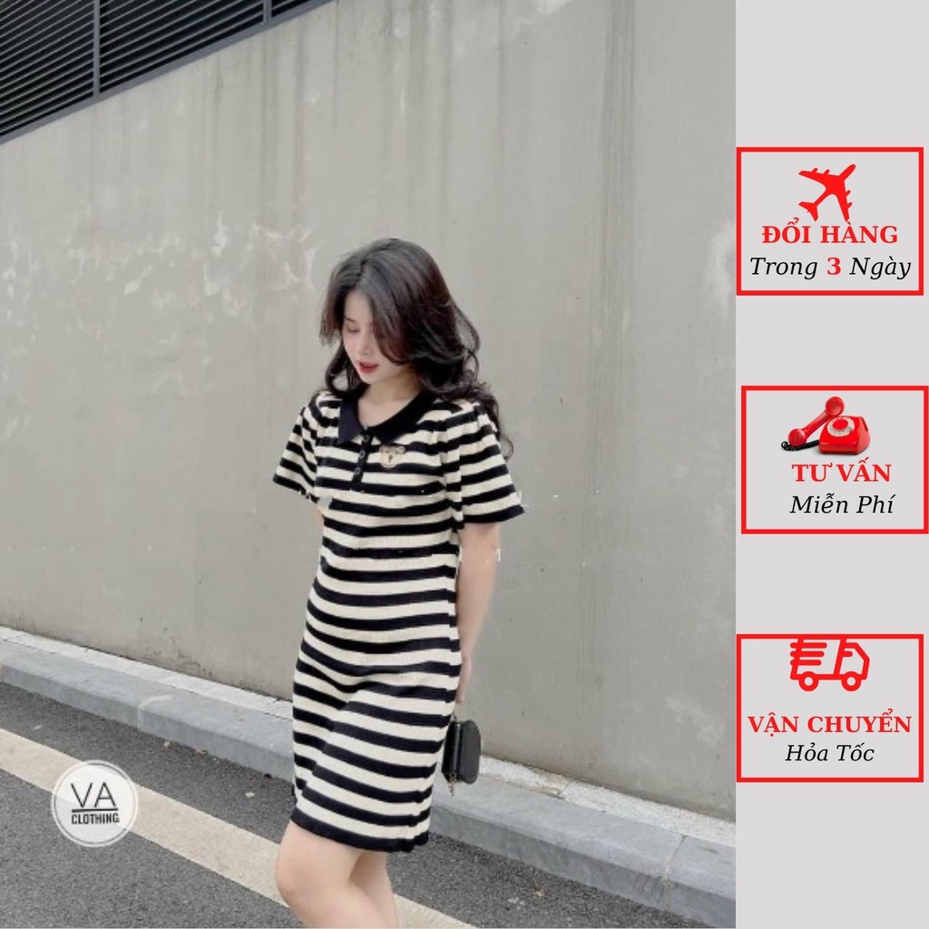 Váy polo len nữ kẻ ngang đen trắng họa tiết gấu dáng ôm body tiểu thư bánh bèo thể thao ulzzang Hàn Quốc