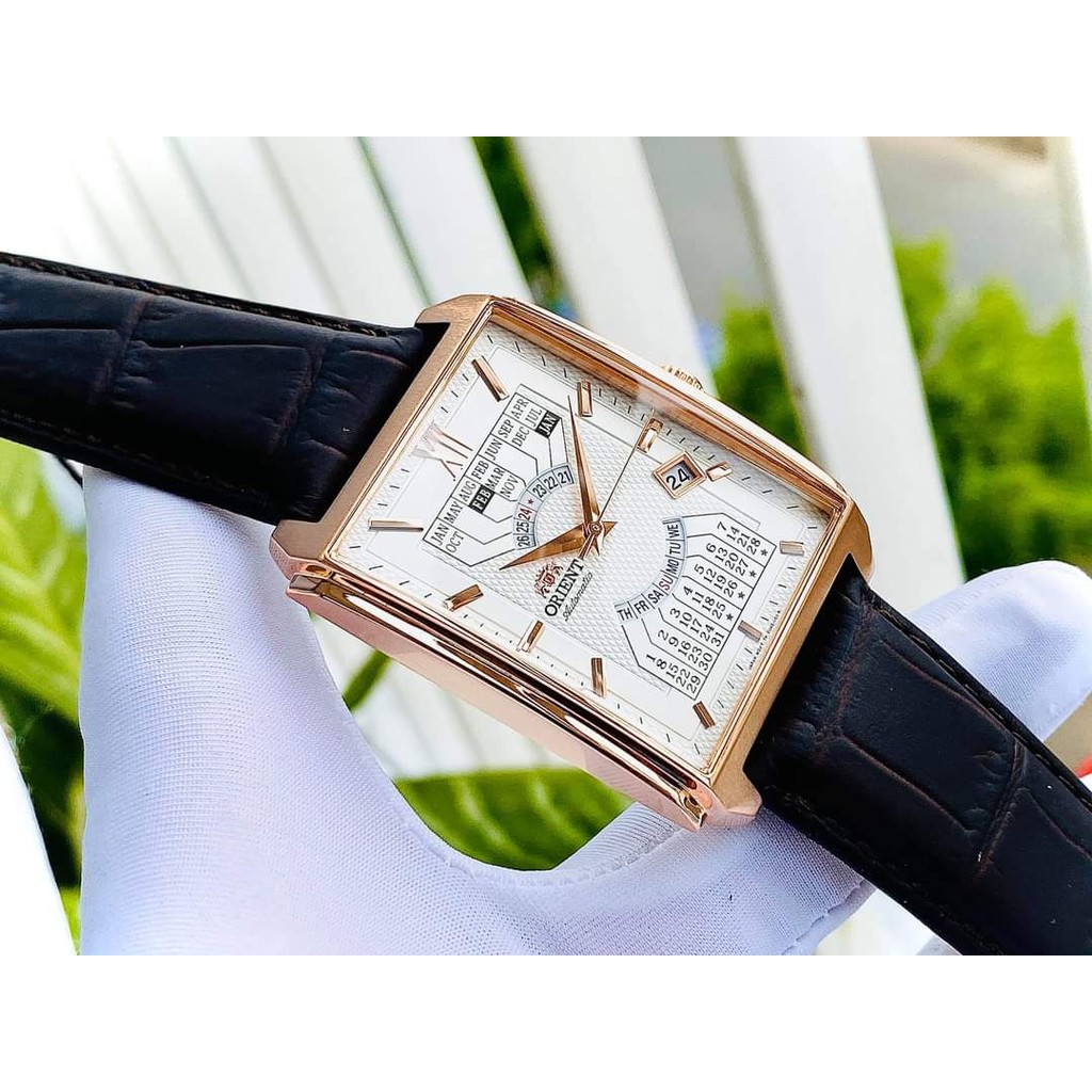Đồng hồ Nam Orient chính hãng Automatic FEUAG001WH Lịch vạn niên,Mặt trắng-Máy cơ tự động-Dây da cao cấp-Size 44x36mm