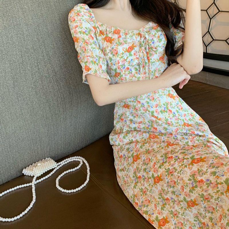 Đầm Hoa Cổ Vuông Xẻ Tà Thời Trang Mùa Hè Pháp