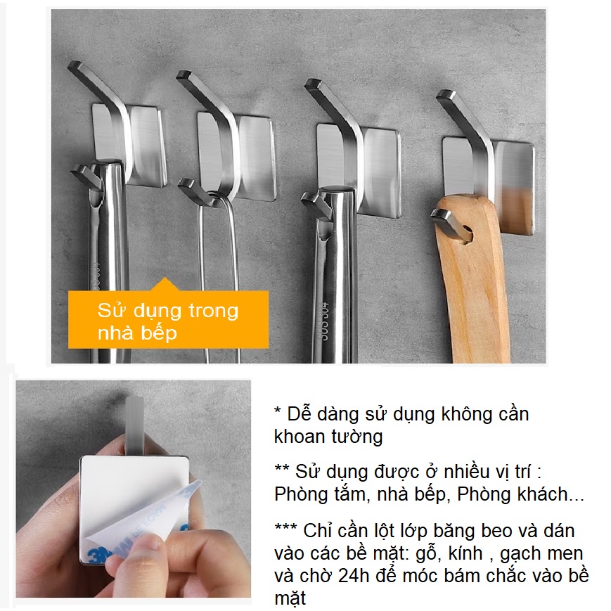 Móc Inox304 không khoan tường , keo dán 3M treo đồ dán vào tường , nhà tắm ...