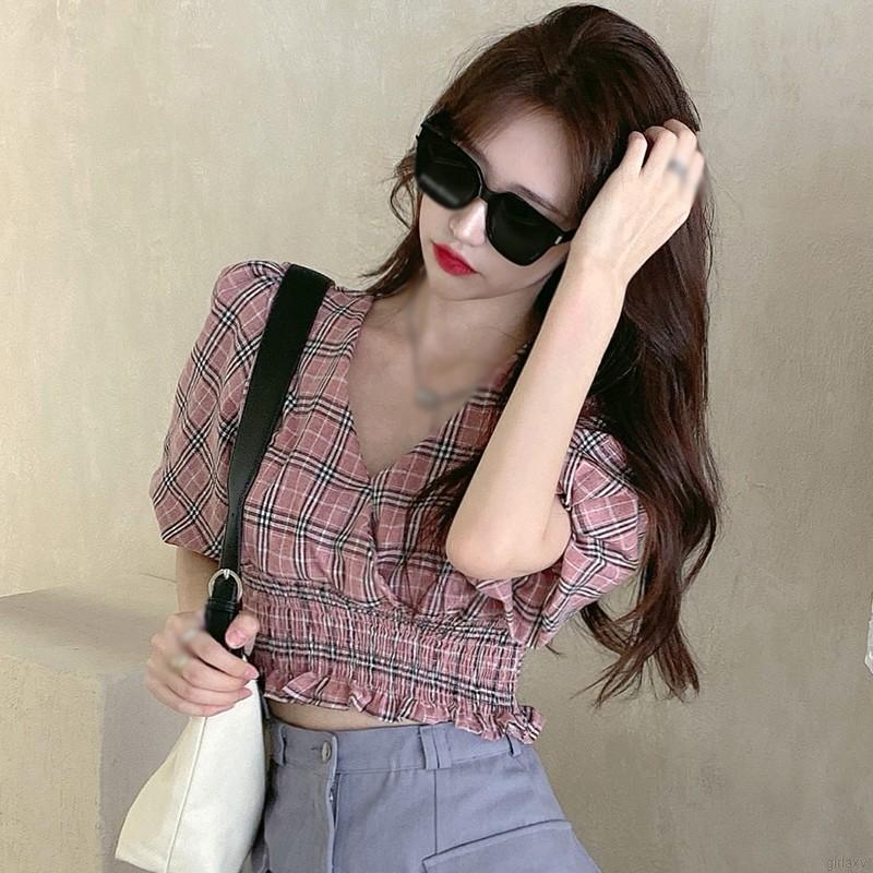  Áo croptop ngắn tay cổ chữ V in caro phong cách cổ điển Hàn Quốc cho nữ