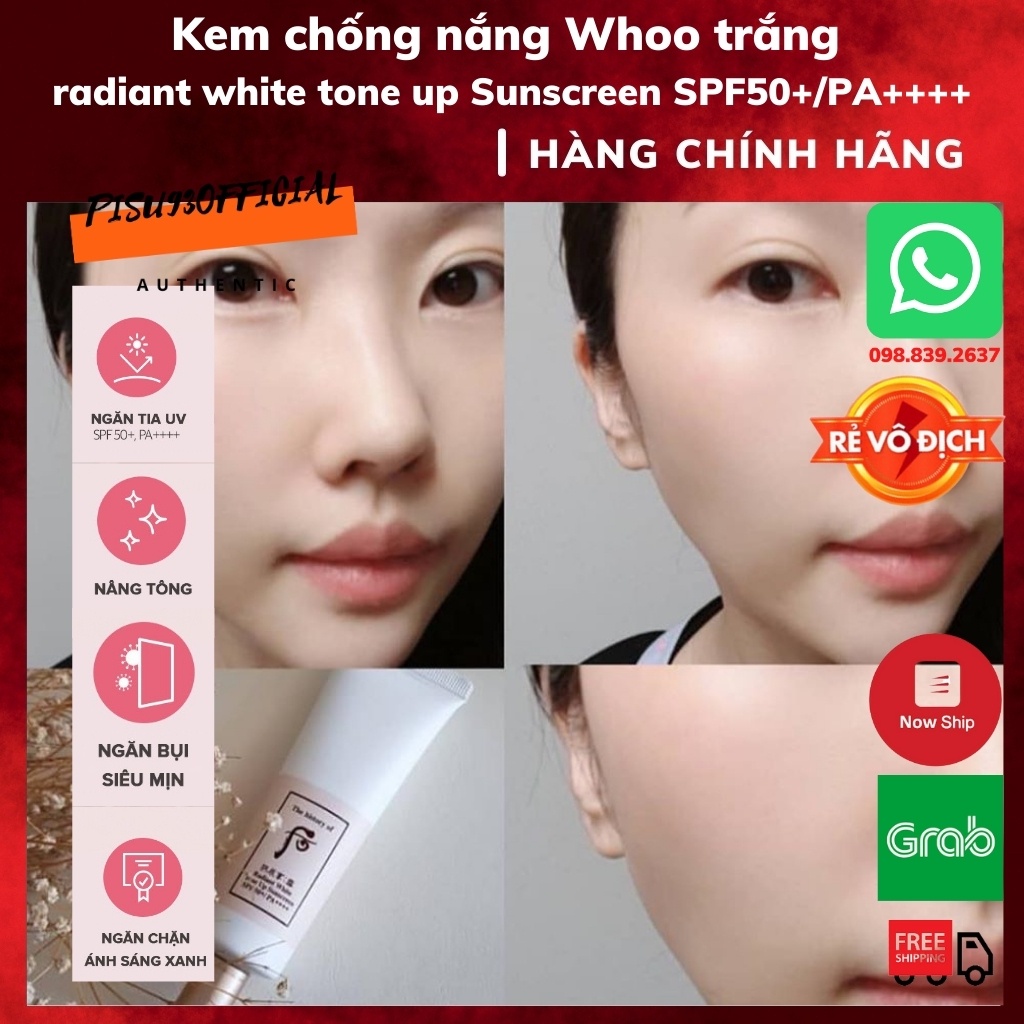 Kem chống nắng Whoo Trắng dưỡng trắng nâng tone da trắng hồng Radiant White Tone Up Sunscreen SPF50+/PA++++ | BigBuy360 - bigbuy360.vn