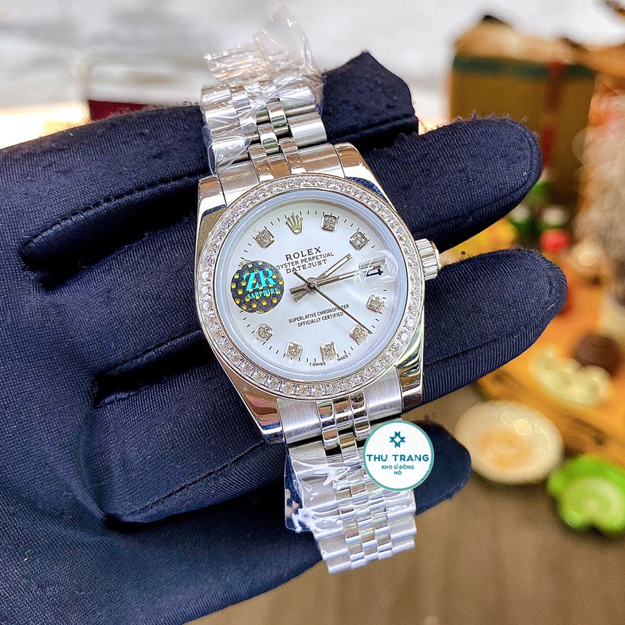 Đồng hồ Nam Rolex máy nhật, mẫu classic, mặt trắng viền trắng đính đá, dây kim loại, dòng cơ Automatic size 39mm-40mm